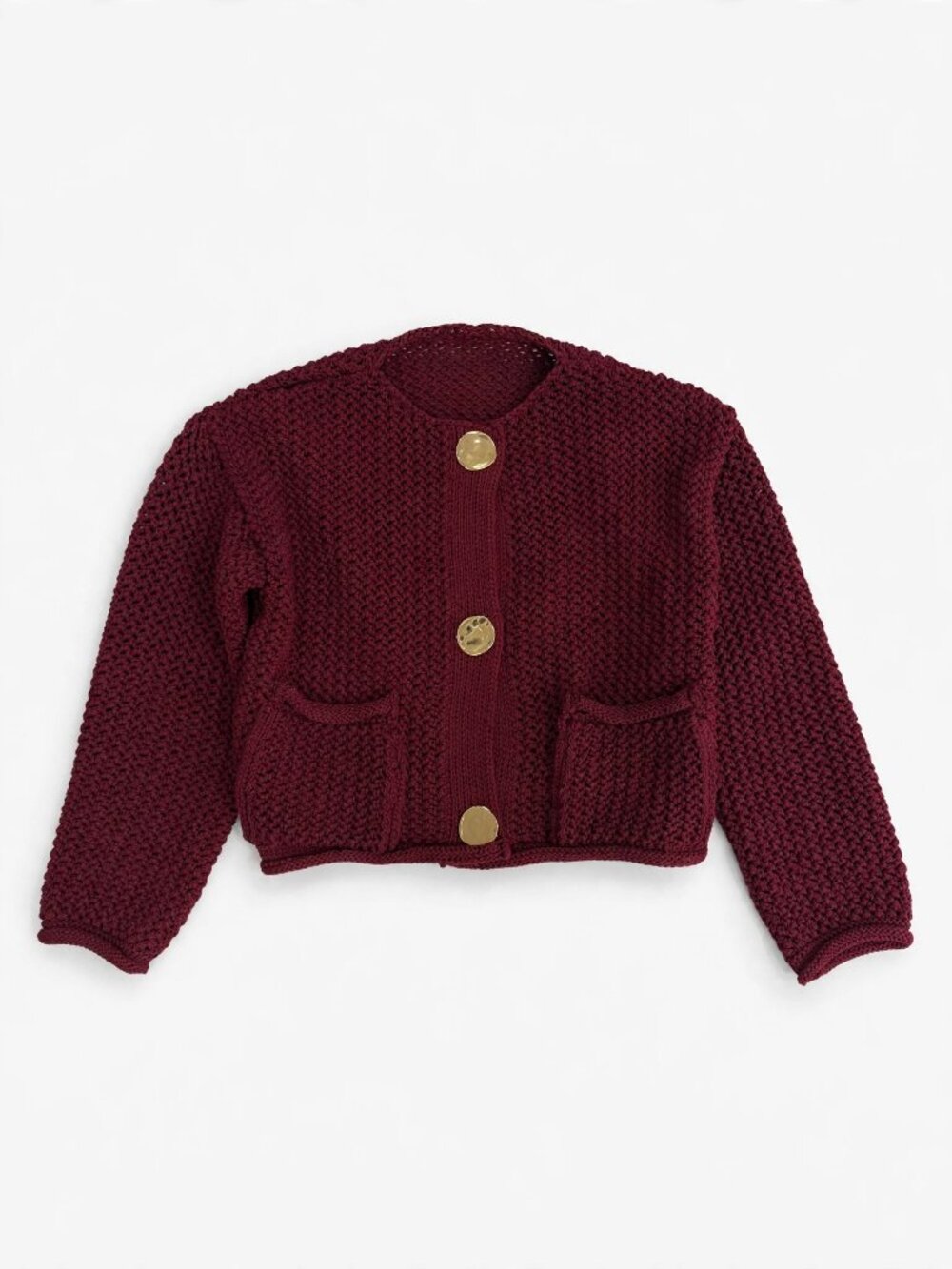 Zara Burgundy Chunky Knit Cardigan | Cropped Gold Button Sweater | XS